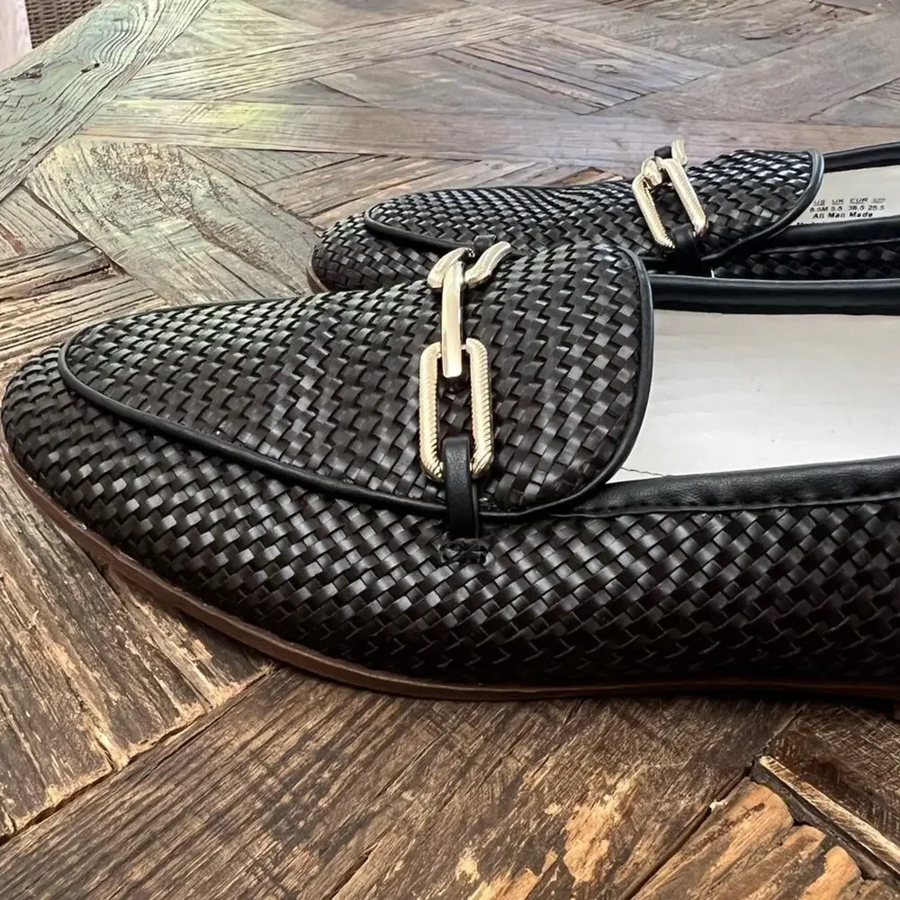 Franco Sarto Black Woven Loafers with Gold Bit
